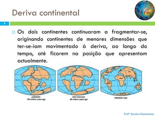 Deriva continental
8



Os dois continentes continuaram a fragmentar-se,
originando continentes de menores dimensões que
ter-se-iam movimentado à deriva, ao longo do
tempo, até ficarem na posição que apresentam
actualmente.

Profª Sandra Nascimento

 