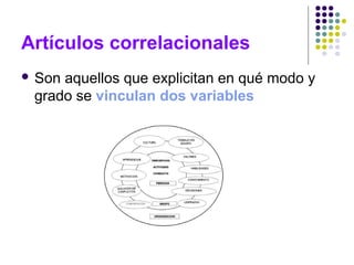Artículos correlacionales
 Son aquellos que explicitan en qué modo y
grado se vinculan dos variables
 