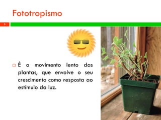 Fototropismo 
Éomovimentolentodasplantas,queenvolveoseucrescimentocomorespostaaoestímulodaluz. 
Profª: Sandra Nascimento 
5 
 