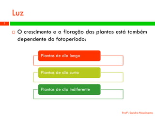 Luz 
Ocrescimentoeafloraçãodasplantasestátambémdependentedofotoperíodo: 
Profª: Sandra Nascimento 
7 
Plantas de dia longo 
Plantas de dia curto 
Plantas de dia indiferente  