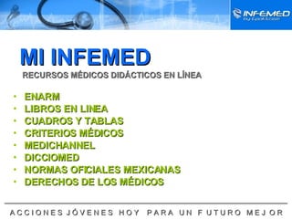 MI INFEMED RECURSOS MÉDICOS DIDÁCTICOS EN LÍNEA ENARM LIBROS EN LINEA   CUADROS Y TABLAS   CRITERIOS MÉDICOS   MEDICHANNEL DICCIOMED NORMAS OFICIALES MEXICANAS DERECHOS DE LOS MÉDICOS ______________________________________________________________________ A C C I O N E S  J Ó V E N E S  H O Y  P A R A  U N  F  U T U R O  M E J  O R 