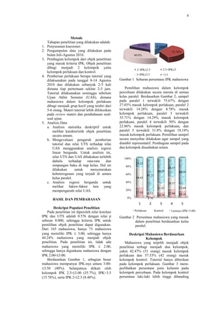4




                      Metode
     Tahapan penelitian yang dilakukan adalah:
1.   Penyusunan kuesioner
                   kuesioner.                                     15.76%             8.48%
2.   Pengumpulan data yang dilakukan pada                                                            35.76%
     bulan Juli-Agustus 2010
                 Agustus 2010.                                  40.0%
3.   Pembagian kelompok dari objek penelitian
     yang masuk kriteria IPK. Objek penelitian
     dibagi menjadi 2 kelompok yaitu                                                        2.5<IPK≤3
                                                                 2<IPK<2.5
                                                                 2<IPK≤2.5                  2.5<IPK<3
     kelompok perlakuan dan kontrol.
                                                                 3<IPK≤3.5
                                                                 3<IPK<3.5                  >3.5
4.   Pemberian perlakuan berupa tutorial yang
     dilaksanakan pada tangg 8-14 Agustus
                           tanggal                    Gambar 1 Sebaran persentase IPK mahasiswa
                                                                            ntase
     2010 dan dilakukan sebanyak 2        2-3 kali
     dimana tiap pertemuan sekitar 2 jam. 2-3            Pemilihan mahasiswa dalam kelompok
     Tutorial dilaksanakan seminggu sebelum           percobaan dilakukan secara merata di semua
     Ujian Akhir Semeter (UAS), dimana                kelas paralel. Berdasarkan G
                                                                               an Gambar 2, sampel
     mahasiswa dalam kelompok perlakuan               pada paralel 1 terwakili 75.67% dengan
     dibagi menjadi grup kecil yang terdiri dari      27.03% masuk kelompok perlakuan, paralel 2
     5-6 orang. Materi tutorial lebih difokuskan
                   ateri                              terwakili 14.28% dengan 4.78% masuk
     pada review materi dan pembahasan soal   soal-   kelompok perlakuan, paralel 3 terwakili
     soal ujian.                                      35.71% dengan 14.29% masuk kelompok
5.   Analisis Data                                    perlakuan, paralel 4 terwakili 50% dengan
     a. Analisis statistika deskriptif untuk          22.86% masuk kelompok perlakuan, dan
                                                          6%
         melihat karakteristik objek penelitian       paralel 5 terwakili 31.8% dengan 18.18%
         secara umum.                                 masuk kelompok perlakuan. Pemilihan sampel
     b. Mengevaluasi pengaruh pemberian               secara menyebar dilakukan agar sampel yang
         tutorial dan nilai UTS terhadap nilai        diambil representatif. Pembagian sampel pada
         UAS menggunakan analisis regresi             dua kelompok diusahakan setara.
         linear berganda. Untuk analisis ini,
                          .
         nilai UTS dan UAS dibakukan terlebih            100%
         dahulu     terhadap      rata-rata
                                  rata         dan
                                                                 24.32
         simpangan baku di tiap kelas. Hal ini           80%
                                                                                                   48.57
         dilakukan       untuk      menyetarakan                                      64.29                68.18
         keheterogenan ya yang terjadi di antara         60%                85.71
         kelas paralel.                                          48.65
     c. Analisis regresi berganda untuk                  40%                                       28.57
         melihat faktor-faktor lain yang
                            faktor                                                    21.43                13.64
         mempengaruhi nilai UAS.                         20%
                                                                 27.03      9.52                   22.86
                                                                                      14.29                18.18
                                                          0%                4.76
        HASIL DAN PEMBAHASAN
                                                                   1         2          3           4         5
        Deskripsi Populasi Penelitian
                                                                Perlakuan           Kontrol          Total
                                                                                                     Lainnya (IPK>3.00)
   Pada penelitian ini diperoleh nilai korelasi
IPK dan UTS adalah 0.576 dengan nilai p               Gambar 2 Persentase mahasiswa yang masuk
sebesar 0.000, sehingga kriteria IPK untuk
              ,                                               dalam penelitian berdasarkan kelas
                                                                            an
pemilihan objek penelitian dapat digunakan.                   paralel.
Dari 165 mahasiswa, hanya 73 ma    mahasiswa
yang memiliki IPK ≤ 3.00 sehingga hanya
                        3.00,                                Deskripsi Mahasiswa Berdasarkan
44.24% mahasiswa yang menjad objek
                              menjadi                                  Kelompok
penelitian. Pada penelitian ini, tidak ada               Mahasiswa yang terpilih menjadi objek
mahasiswa yang memiliki IPK ≤ 2.00,                   penelitian terbagi menjadi dua kelompok,
sehingga hanya digunkana mahasiswa dengan             yakni 42.47% (31 orang) masuk kelompok
IPK 2.00-≤3.00.                                       perlakuan dan 57.53% (42 orang) masuk
   Berdasarkan Gambar 1, sebagian besar
                   ambar                              kelompok kontrol. Tutorial hanya diberikan
mahasiswa mempunyai IPK  IPK-nya antara 3.00-         pada kelompok perlakuan. Gambar 3 mem-
≤3.50 (40%). Selanjutnya diikuti oleh                 perlihatkan persentase jenis kelamin pada
kelompok IPK 2.5-≤3.00 (35.7%), IPK>3.5
                       .00                            kelompok percobaan. Pada kelompok kontrol
(15.76%), serta IPK 2-≤2.5 (8.48%).
                        2.5                           persentase laki-laki lebih tinggi dib
                                                                      laki              dibanding
 