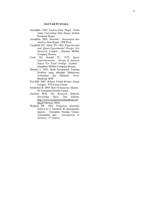 9



            DAFTAR PUSTAKA

Aunuddin. 1989. Analisis Data. Bogor : Pusat
      Antar Universitas Ilmu Hayat, Institut
      Pertanian Bogor.
Aunuddin. 2005. Statistika : Rancangan dan
      Analisis Data.Bogor : IPB Press.
Campbell DT, Julian TS. 1963. Experimental
      and Quasi-Experimental Design For
      Research. London : Houston Mifflin
      Company Boston.
Cook TD, Donald TC. 1979. Quasi
      Experimentation : Design & Analysis
      Issues For Field Settings. London :
      Houghton Mifflin Company Boston.
Munthe J. 1983. Studi Komparatif Tentang
      Problem yang dihadapi Mahasiswa
      Terhambat dan Berhasil. Tesis.
      Bandung. IKIP.
Nor KM. 2002. Belajar Teknik Belajar. Kuala
      Lumpur : PTS Litera Utama.
Simamora B. 2004. Riset Pemasaran. Jakarta :
      PT Gramedia Pustaka Utama
Trochim WM. The Research Methods
      Knowledge        Base,   2nd  Edition.
      http://www.socialresearchmethods.net/
      kb[20 Oktober 2006].
Walpole RE. 1992. Pengantar Statistika
      Edition ke-3. Sumantri B, penerjemah;
      Jakarta : Gramedia Pustaka Utama.
      Terjemahan dari : Introduction to
      Statistics, 3rd Edition.
 