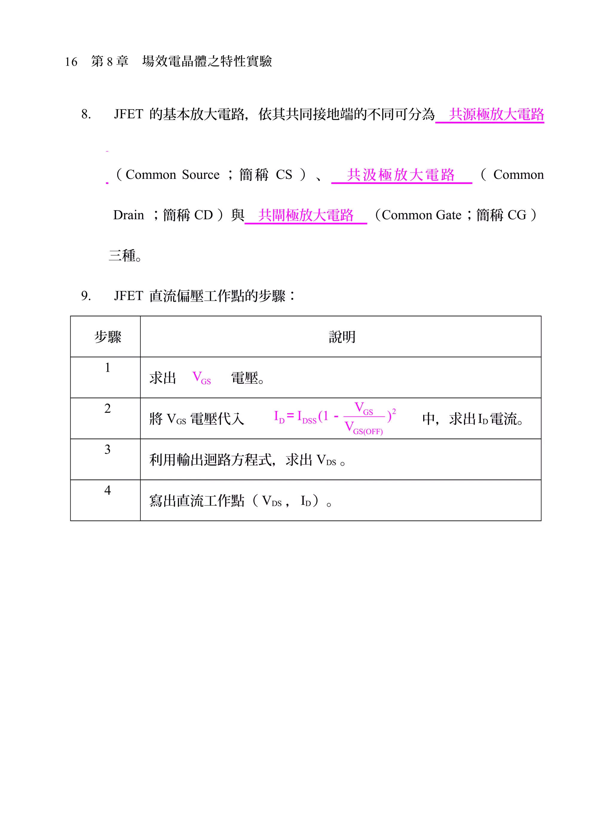 16　第 8 章　場效電晶體之特性實驗
8. JFET 的基本放大電路，依其共同接地端的不同可分為　共源極放大電路
（ Common Source ；簡稱 CS ）、 　共汲極放大電路　 （ Common
Drain ；簡稱 CD ）與　共閘極放大電路　（Common Gate；簡稱 CG ）
三種。
9. JFET 直流偏壓工作點的步驟：
步驟 說明
1
求出 GSV　 　　電壓。
2
將 VGS 電壓代入
2GS
D DSS
GS(OFF)
V
I I (1 )
V
　　 ＝ － 　 中，求出ID 電流。
3
利用輸出迴路方程式，求出 VDS 。
4
寫出直流工作點（ VDS ，ID ）。
 