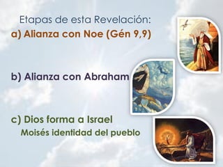Etapas de esta Revelación:
a) Alianza con Noe (Gén 9,9)
b) Alianza con Abraham
c) Dios forma a Israel
Moisés identidad del pueblo
 