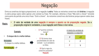 Entre as conetivas da lógica proposicional, só a negação é unária. Todas as restantes conectivas são binárias. A negação
é unária porque opera sobre apenas uma variável ou frase. Por exemplo, obtemos a frase “Não está a chover” tomando
como ponto de partida uma única frase: “Está a chover”. As restantes conectivas são binárias porque operam sobre duas
frases.
• O valor de verdade de uma negação é sempre o oposto ao da proposição negada. Se a
proposição original é verdadeira, a sua negação será falsa e vice-versa.
P ¬ P
A tabela de verdade da
negação é a seguinte:
Regra:
Exemplo:
• O ataque não é a melhor defesa.
Dicionário:
- O ataque é a melhor defesa.
Formalização: ¬ P
- 1.º quantas variáveis
temos?
Uma - «P»
- 2.º Só temos duas
possibilidades de valor de
verdade – ou é verdadeira
ou falsa.
- 3º Qual a regra da
conectiva presente?
Negação
V
F
F
V
 