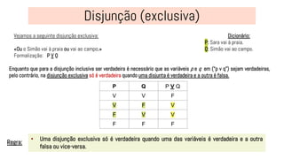 Vejamos a seguinte disjunção exclusiva:
«Ou o Simão vai à praia ou vai ao campo.»
Formalização: P V Q
• Uma disjunção exclusiva só é verdadeira quando uma das variáveis é verdadeira e a outra
falsa ou vice-versa.
Regra:
Dicionário:
P: Sara vai à praia.
Q: Simão vai ao campo.
Enquanto que para a disjunção inclusiva ser verdadeira é necessário que as variáveis p e q em (“p v q”) sejam verdadeiras,
pelo contrário, na disjunção exclusiva só é verdadeira quando uma disjunta é verdadeira e a outra é falsa.
P Q P V Q
V V F
V F V
F V V
F F F
 