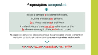 Proposições compostas
Ricardo é bombeiro e estudante de Filosofia.
O João é inteligente ou ignorante.
Ou o Afonso sabe ler ou é analfabeto.
A Maria vai vencer a prova se e só se treinar todos os dias.
Se o Lourenço conseguir bilhete, então irá ao concerto.
«e», «ou», «ou…ou», «se e só se», «se… então»
As proposições compostas são aquelas em que duas proposições simples se encontram
interligadas por aquilo que chamámos de conetivas ou operadores verofuncionais.
 