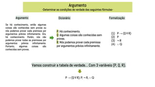 Argumento
-Determinar as condições de verdade das seguintes fórmulas-
Dicionário:
P: Há conhecimento.
Q: Algumas coisas são conhecidas sem
provas.
R: Nós podemos provar cada premissa
por argumentos prévios infinitamente.
Formalização:
(1) P → (Q V R)
(2) P
(3) ¬ R
(4) ∴ Q
Se há conhecimento, então algumas
coisas são conhecidas sem provas ou
nós podemos provar cada premissa por
argumentos prévios infinitamente. Ora,
há conhecimento. Porém, nós não
podemos provar todas as premissas por
argumentos prévios infinitamente.
Portanto, algumas coisas são
conhecidas sem provas.
Argumento:
Vamos construir a tabela de verdade… Com 3 variáveis (P, Q, R).
P → (Q V R); P; ¬ R, ∴ Q
 