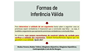 Formas de
Inferência Válida
Para determinar a validade de um argumento basta saber o seguinte: caso as
premissas sejam verdadeiras é impossível que a conclusão seja falsa – ou seja, é
inválido o argumento que apresente premissas verdadeiras e conclusão falsa.
No entanto, nem sempre necessitamos de construir tabelas de verdade para
verificar a validade dos argumentos. Existem formas/fórmulas lógicas que nos
garantem a sua validade. Quais são?
Modus Ponens; Modus Tollens; Silogismo disjuntivo; Silogismo hipotético;
Contraposição e Leis de De Morgan.
 