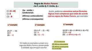 (1) (P → ¬Q)
(2) P
(3) ∴ ¬Q
(Se – então =
condicional)
(Afirma o antecedente)
(Afirma o consequente)
(1) (A →B)
(2) A
(3)∴ B
1.º exemplo: 3.º exemplo:
2.º exemplo:
(1) [(¬P → (Q → R)]
(2) ¬ P
(3) ∴ (Q → R)
(1) [(P ∧ Q) → (¬ (R V S ) ∧ Q → T)]
(2) (P ∧ Q)
(3) ∴ (¬ (R V S ) ∧ Q → T)
(1) Condicional
(2) Afirma antecedente
(3) Afirma consequente
na conclusão.
Assim, podemos encontrar outras fórmulas
lógicas mais complexas que estão de acordo
com as regras do Modus Ponens, por exemplo:
Em todos os exemplos cumpre-se a
regra do Modus Ponens, preservando
a validade seja em qual caso for:
Regra do Modus Ponens
«Se P, então Q. P. Então, Q.»
 