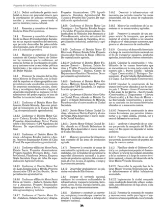 Propuesta del candidato de la Patria Hugo Chávez
34
3.4.2.4	 Definir unidades de gestión terri-
torial en áreas con potencial minero para
la coordinación de políticas territoriales,
sociales y económicas, preservando el
acervo histórico y socio–cultural.
3.4.3	 Fomentar y consolidar el desarro-
llo de los Polos Petroquímicos.
3.4.4	 Promover y consolidar el desarro-
llo de las Bases Petroindustriales Socialis-
tas en un espacio específico del territorio,
que permite desarrollar las potencialida-
des regionales, para ofrecer bienes y servi-
cios a la industria petrolera.
3.4.5	 Mantener y garantizar el funcio-
namiento del Consejo Federal de Gobier-
no, las instancias que lo conforman, así
como las formas de coordinación de políti-
cas y acciones entre las entidades políticas
territoriales y las organizaciones de base
del Poder Popular.
3.4.6	 Promover la creación del los Dis-
tritos Motores de Desarrollo, con la finali-
dad de impulsar en el área geográfica com-
prendida en cada uno de ellos, un conjunto
de proyectos económicos, sociales, cientí-
ficos y tecnológicos destinados a lograr el
desarrollo integral de las regiones y el for-
talecimiento del poder popular, en aras de
facilitar la transición hacia el socialismo.
3.4.6.1	 Conformar el Distrito Motor Bar-
lovento, Estado Miranda. Área con priori-
dad de tratamiento en la Cuenca del Río
Tuy, de especialización agroindustrial.
3.4.6.2	 Conformar el Distrito Motor Cai-
cara – Cabruta, Estados Bolívar y Guárico.
Proyectos dinamizadores: Tercer Puente
sobre el Río Orinoco y UPS Algodones del
Orinoco. De especialización agroindus-
trial.
3.4.6.3	 Conformar el Distrito Motor Bi-
ruaca – Achaguas, Estados Guárico y Apu-
re. Proyecto dinamizador: Centro de Caña
Etanol. De especialización agroindustrial.
3.4.6.4	 Conformar el Distrito Motor Paria,
Estado Sucre. Proyectos dinamizadores:
Proyecto Gasífero Petrolero, Delta – Cari-
be Oriental, Plataforma Deltana, Empresa
Mixta Socialista Cacao del Alba. De espe-
cialización Agrícola-Turística.
3.4.6.5	 Conformar el Distrito Motor Sur
del Lago, Estados Zulia y Mérida. Proyecto
dinamizador UPS de Distribución. De es-
pecialización agroindustrial.
3.4.6.6	 Conformar el Distrito Motor Santa
Elena de Uairén – Ikabarú, Estados Bolí-
var y Amazonas. Proyecto dinamizador:
transporte aéreo y fluvial. De especializa-
ción agroecológica y turística.
3.4.6.7	 Conformar el Distrito Motor Or-
tiz – Calabozo, Estados Guárico y Aragua.
Proyectos dinamizadores: UPS Agroali-
mentaria, Complejo Agroindustrial Río
Tiznado y Proyecto Río Guarico. De espe-
cialización agroindustrial.
3.4.6.8	 Conformar el Distrito Motor Los
Tacariguas – Las Tejerías. Estados Aragua
y Carabobo. Proyectos dinamizadores: En-
sambladora de Vehículos Irán-Venezuela y
China-Venezuela, solución estructural del
crecimiento del Lago de Tacarigua. De es-
pecialización industrial, ambiental y agrí-
cola.
3.4.6.9	 Conformar el Distrito Motor El
Diluvio del Palmar, Estado Zulia. Proyecto
dinamizador: Sistema de Riego el Diluvio.
De especialización agrícola.
3.4.6.10	 Conformar el Distrito Motor Flo-
rentino (Boconó - . Barinas), Estado Ba-
rinas y Trujillo. Proyectos dinamizadores:
Autopista Boconó – Barinas, Centro de
Mejoramiento Genético Florentino. De es-
pecialización agroindustrial.
3.4.6.11	 Conformar el Distrito Motor Ori-
chuna – Matiyure, Estado Apure. Proyecto
dinamizador: UPS Ganaderas. De especia-
lización agropecuario.
3.4.6.12	 Conformar el Distrito Motor Urba-
no Ciudad Tiuna, ubicado en Distrito Ca-
pital y el Estado Bolivariano de Miranda.
Para desarrollar el nuevo modelo de Ciudad
Socialista.
3.4.6.13	 Distrito Motor Urbano Ciudad Ca-
ribea, ubicado en Distrito Capital y el esta-
do Vargas. Para desarrollar el nuevo mode-
lo de Ciudad Socialista.
3.4.6.14	 Distrito Motor Urbano Ciudad Be-
lén, ubicado en el Estado Bolivariano de
Miranda. Para desarrollar el nuevo modelo
de Ciudad Socialista.
3.4.7	 Mejorar y garantizar la infraestruc-
tura existente de las áreas de producción
agrícola.
3.4.7.1	 Promover la creación de zonas de
concentración agrícola con grandes poten-
cialidades, con la finalidad de garantizar la
seguridad alimentaria nacional y la gene-
ración de productos agrícolas tales como el
maíz, el arroz, la soya, el algodón, el sorgo y
la producción pecuaria.
3.4.7.2	 Desarrollar gradualmente las pla-
nicies centrales del Río Orinoco.
3.4.8	 Integrar el territorio nacional,
mediante los corredores multimodales de
infraestructura: transporte terrestre, ferro-
viario, aéreo, fluvial, energía eléctrica, gas,
petróleo, agua y telecomunicaciones.
3.4.8.1	 Mantener y construir las carrete-
ras, autopistas y troncales que conecten las
grandes y medianas ciudades a lo largo del
territorio nacional.
3.4.8.2	 Construir la infraestructura vial
necesaria que permita conectar las zonas
industriales, con las zonas de explotación
de recursos.
3.4.8.3	 Mejorar las condiciones de las ca-
rreteras en las zonas rurales y agrícolas.
3.4.9	 Promover la creación de una em-
presa estatal de transporte, que permita
mejorar el servicio público a los usuarios
y desplazar el viejo parque automotor, que
genera un alto consumo de combustible.
3.4.10	 Garantizar el desarrollo ferroviario
a lo largo de nuestro territorio nacional con
el fin de transportar pasajeros, productos
agrícolas, industriales y bienes comerciales.
3.4.10.1	 Culminar la construcción y reha-
bilitación de los tramos ferroviarios que
se encuentran en la zona norte-costera de
nuestro país: 1. Puerto Cabello – Valencia
– Cagua (Construcción); 2. Yaritagua - Bar-
quisimeto – Puerto Cabello (Rehabilitación)
y 3. Cagua – La Encrucijada (Construcción).
	
3.4.10.2	 Impulsar la construcción de los
tramos ferroviarios ubicados al sur de nues-
tro país: 1. Tinaco – Anaco (Construcción);
2. San Juan de los Morros – San Fernando
(Construcción); 3. Chaguaramas – Cabruta
(Construcción) y 4. San Juan de Morros –
La Encrucijada (Construcción), y garanti-
zar su conexión con los tramos ferroviarios
ubicados en la zona norte costera.
3.4.10.3	 Promover la construcción de otros
tramos ferroviarios que permitan interco-
nectar a la región andina, oriental, sur y
central del territorio nacional.
3.4.11	 Acelerar el desarrollo de un siste-
ma que permita la navegación del Río Ori-
noco y el Río Apure sin depredar el medio
ambiente.
3.4.11.1	 Promover el desarrollo de un plan
que permita la construcción de puertos a lo
largo de nuestras costas.
3.4.12	 Planificar desde el Gobierno Cen-
tral y con protagonismo popular, el desarro-
llo urbano y rural de las ciudades existentes
y de las nacientes a lo largo de nuestro terri-
torio nacional, a través del desarrollo de la
Gran Misión Vivienda Venezuela.
3.4.12.1	 Desarrollar la segunda fase de la
Gran Misión Vivienda Venezuela para aba-
tir definitivamente el déficit habitacional
acumulado.
3.4.12.2	 Implementar la ciudad compacta
como modelo de desarrollo urbano susten-
table, con edificaciones de baja altura y alta
densidad.
3.4.12.3	 Fomentar la economía de espacios
y recursos como medio para lograr el cre-
cimiento urbano equilibrado, incorporando
PLAN DE GOBIERNO.indd 34 11/06/12 02:15 p.m.
 