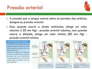 Pressão arterial
   A pressão que o sangue exerce sobre as paredes das artérias,
    designa-se pressão arterial.
   Esta, quando ocorre a sístole ventricular, atinge um valor
    máximo (120 mm Hg) - pressão arterial máxima, mas quando
    ocorre a diástole, atinge um valor mínimo (80 mm Hg) -
    pressão arterial mínima.
 