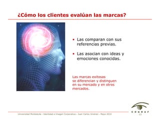 ¿Cómo los clientes evalúan las marcas?



                                                   •  Las comparan con sus
                                                      referencias previas.

                                                   •  Las asocian con ideas y
                                                      emociones conocidas.



                                                   Las marcas exitosas
                                                   se diferencian y distinguen
                                                   en su mercado y en otros
                                                   mercados.




Universidad Monteávila - Identidad e Imagen Corporativa - Juan Carlos Jiménez - Mayo 2010   13
 