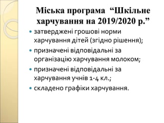 Міська програма “Шкільне
харчування на 2019/2020 р.”
 затверджені грошові норми
харчування дітей (згідно рішення);
 призначені відповідальні за
організацію харчування молоком;
 призначені відповідальні за
харчування учнів 1-4 кл.;
 складено графіки харчування.
 
