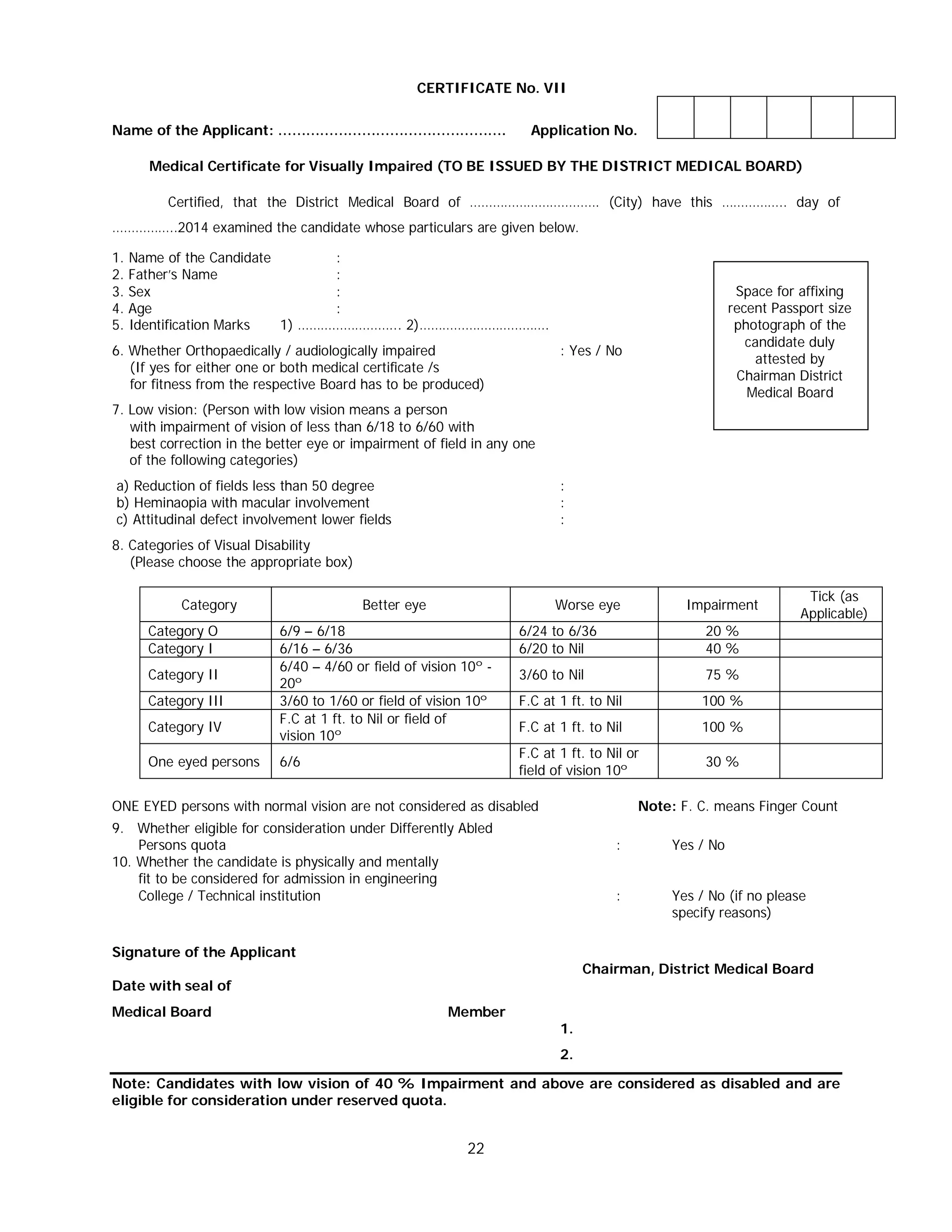 22
CERTIFICATE No. VII
Name of the Applicant: …………………………………………. Application No.
Medical Certificate for Visually Impaired (TO BE ISSUED BY THE DISTRICT MEDICAL BOARD)
Certified, that the District Medical Board of ……………………………. (City) have this …………….. day of
……………..2014 examined the candidate whose particulars are given below.
1. Name of the Candidate :
2. Father’s Name :
3. Sex :
4. Age :
5. Identification Marks 1) ……………………... 2)…………………………….
6. Whether Orthopaedically / audiologically impaired : Yes / No
(If yes for either one or both medical certificate /s
for fitness from the respective Board has to be produced)
7. Low vision: (Person with low vision means a person
with impairment of vision of less than 6/18 to 6/60 with
best correction in the better eye or impairment of field in any one
of the following categories)
a) Reduction of fields less than 50 degree :
b) Heminaopia with macular involvement :
c) Attitudinal defect involvement lower fields :
8. Categories of Visual Disability
(Please choose the appropriate box)
Category Better eye Worse eye Impairment
Tick (as
Applicable)
Category O 6/9 – 6/18 6/24 to 6/36 20 %
Category I 6/16 – 6/36 6/20 to Nil 40 %
Category II
6/40 – 4/60 or field of vision 10º -
20º
3/60 to Nil 75 %
Category III 3/60 to 1/60 or field of vision 10º F.C at 1 ft. to Nil 100 %
Category IV
F.C at 1 ft. to Nil or field of
vision 10º
F.C at 1 ft. to Nil 100 %
One eyed persons 6/6
F.C at 1 ft. to Nil or
field of vision 10º
30 %
ONE EYED persons with normal vision are not considered as disabled Note: F. C. means Finger Count
9. Whether eligible for consideration under Differently Abled
Persons quota : Yes / No
10. Whether the candidate is physically and mentally
fit to be considered for admission in engineering
College / Technical institution : Yes / No (if no please
specify reasons)
Signature of the Applicant
Chairman, District Medical Board
Date with seal of
Medical Board Member
1.
2.
Note: Candidates with low vision of 40 % Impairment and above are considered as disabled and are
eligible for consideration under reserved quota.
Space for affixing
recent Passport size
photograph of the
candidate duly
attested by
Chairman District
Medical Board
 