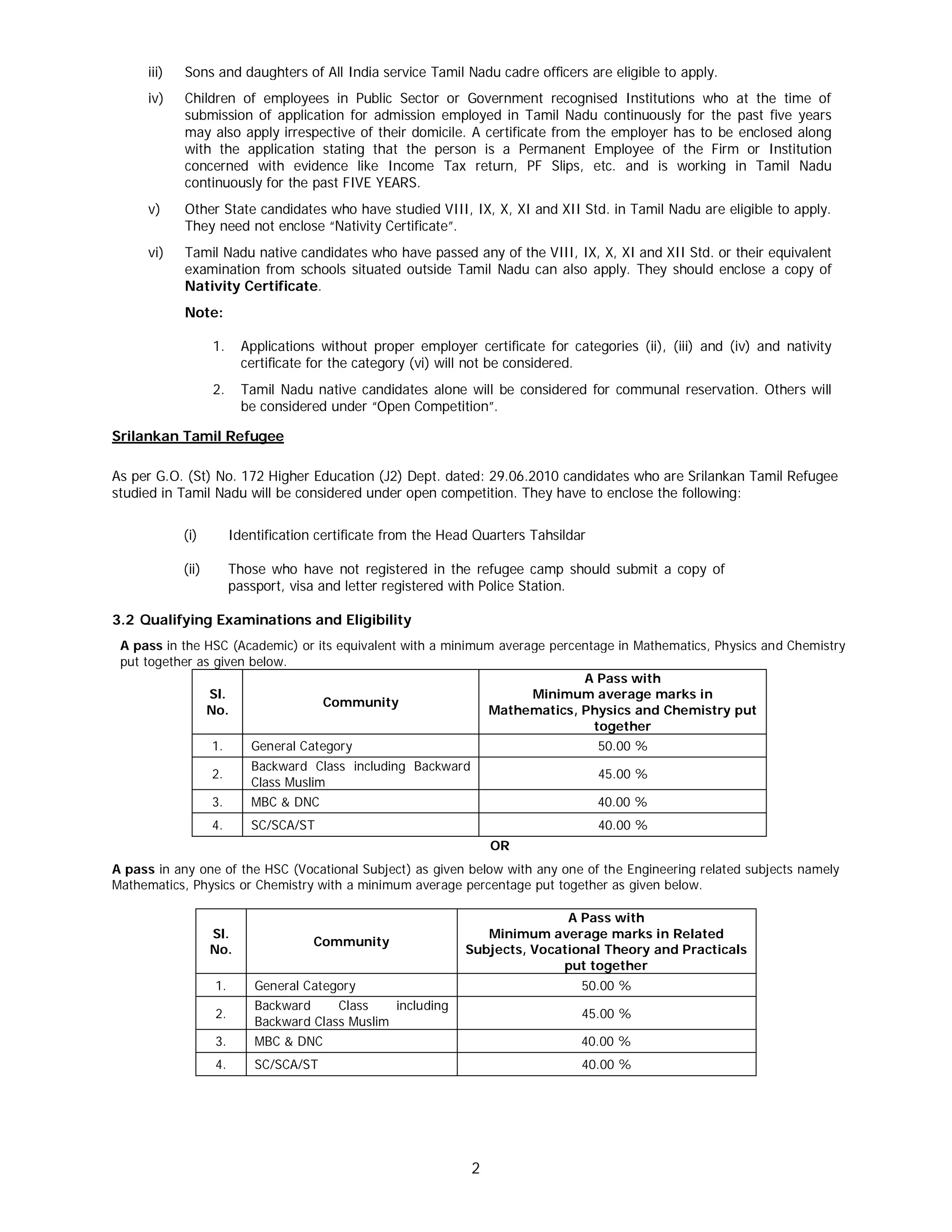 2
iii) Sons and daughters of All India service Tamil Nadu cadre officers are eligible to apply.
iv) Children of employees in Public Sector or Government recognised Institutions who at the time of
submission of application for admission employed in Tamil Nadu continuously for the past five years
may also apply irrespective of their domicile. A certificate from the employer has to be enclosed along
with the application stating that the person is a Permanent Employee of the Firm or Institution
concerned with evidence like Income Tax return, PF Slips, etc. and is working in Tamil Nadu
continuously for the past FIVE YEARS.
v) Other State candidates who have studied VIII, IX, X, XI and XII Std. in Tamil Nadu are eligible to apply.
They need not enclose “Nativity Certificate”.
vi) Tamil Nadu native candidates who have passed any of the VIII, IX, X, XI and XII Std. or their equivalent
examination from schools situated outside Tamil Nadu can also apply. They should enclose a copy of
Nativity Certificate.
Note:
1. Applications without proper employer certificate for categories (ii), (iii) and (iv) and nativity
certificate for the category (vi) will not be considered.
2. Tamil Nadu native candidates alone will be considered for communal reservation. Others will
be considered under “Open Competition”.
Srilankan Tamil Refugee
As per G.O. (St) No. 172 Higher Education (J2) Dept. dated: 29.06.2010 candidates who are Srilankan Tamil Refugee
studied in Tamil Nadu will be considered under open competition. They have to enclose the following:
(i) Identification certificate from the Head Quarters Tahsildar
(ii) Those who have not registered in the refugee camp should submit a copy of
passport, visa and letter registered with Police Station.
3.2 Qualifying Examinations and Eligibility
A pass in the HSC (Academic) or its equivalent with a minimum average percentage in Mathematics, Physics and Chemistry
put together as given below.
Sl.
No.
Community
A Pass with
Minimum average marks in
Mathematics, Physics and Chemistry put
together
1. General Category 50.00 %
2.
Backward Class including Backward
Class Muslim
45.00 %
3. MBC & DNC 40.00 %
4. SC/SCA/ST 40.00 %
OR
A pass in any one of the HSC (Vocational Subject) as given below with any one of the Engineering related subjects namely
Mathematics, Physics or Chemistry with a minimum average percentage put together as given below.
Sl.
No.
Community
A Pass with
Minimum average marks in Related
Subjects, Vocational Theory and Practicals
put together
1. General Category 50.00 %
2.
Backward Class including
Backward Class Muslim
45.00 %
3. MBC & DNC 40.00 %
4. SC/SCA/ST 40.00 %
 
