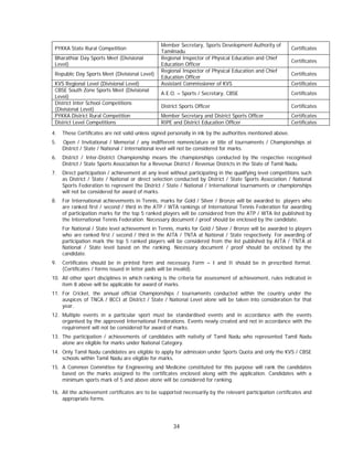 34
PYKKA State Rural Competition
Member Secretary, Sports Development Authority of
Tamilnadu
Certificates
Bharathiar Day Sports Meet (Divisional
Level)
Regional Inspector of Physical Education and Chief
Education Officer
Certificates
Republic Day Sports Meet (Divisional Level)
Regional Inspector of Physical Education and Chief
Education Officer
Certificates
KVS Regional Level (Divisional Level) Assistant Commissioner of KVS Certificates
CBSE South Zone Sports Meet (Divisional
Level)
A.E.O. – Sports / Secretary, CBSE Certificates
District Inter School Competitions
(Divisional Level)
District Sports Officer Certificates
PYKKA District Rural Competition Member Secretary and District Sports Officer Certificates
District Level Competitions RIPE and District Education Officer Certificates
4. These Certificates are not valid unless signed personally in ink by the authorities mentioned above.
5. Open / Invitational / Memorial / any indifferent nomenclature or title of tournaments / Championships at
District / State / National / International level will not be considered for marks.
6. District / Inter-District Championship means the championships conducted by the respective recognised
District / State Sports Association for a Revenue District / Revenue Districts in the State of Tamil Nadu.
7. Direct participation / achievement at any level without participating in the qualifying level competitions such
as District / State / National or direct selection conducted by District / State Sports Association / National
Sports Federation to represent the District / State / National / International tournaments or championships
will not be considered for award of marks.
8. For International achievements in Tennis, marks for Gold / Silver / Bronze will be awarded to players who
are ranked first / second / third in the ATP / WTA rankings of International Tennis Federation for awarding
of participation marks for the top 5 ranked players will be considered from the ATP / WTA list published by
the International Tennis Federation. Necessary document / proof should be enclosed by the candidate.
For National / State level achievement in Tennis, marks for Gold / Silver / Bronze will be awarded to players
who are ranked first / second / third in the AITA / TNTA at National / State respectively. For awarding of
participation mark the top 5 ranked players will be considered from the list published by AITA / TNTA at
National / State level based on the ranking. Necessary document / proof should be enclosed by the
candidate.
9. Certificates should be in printed form and necessary Form – I and II should be in prescribed format.
(Certificates / forms issued in letter pads will be invalid).
10. All other sport disciplines in which ranking is the criteria for assessment of achievement, rules indicated in
item 8 above will be applicable for award of marks.
11. For Cricket, the annual official Championships / tournaments conducted within the country under the
auspices of TNCA / BCCI at District / State / National Level alone will be taken into consideration for that
year.
12. Multiple events in a particular sport must be standardised events and in accordance with the events
organised by the approved International Federations. Events newly created and not in accordance with the
requirement will not be considered for award of marks.
13. The participation / achievements of candidates with nativity of Tamil Nadu who represented Tamil Nadu
alone are eligible for marks under National Category.
14. Only Tamil Nadu candidates are eligible to apply for admission under Sports Quota and only the KVS / CBSE
schools within Tamil Nadu are eligible for marks.
15. A Common Committee for Engineering and Medicine constituted for this purpose will rank the candidates
based on the marks assigned to the certificates enclosed along with the application. Candidates with a
minimum sports mark of 5 and above alone will be considered for ranking.
16. All the achievement certificates are to be supported necessarily by the relevant participation certificates and
appropriate forms.
 