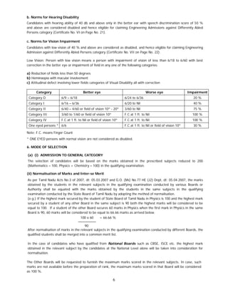 6
b. Norms for Hearing Disability
Candidates with hearing ability of 40 db and above only in the better ear with speech discrimination score of 50 %
and above are considered disabled and hence eligible for claiming Engineering Admissions against Differently Abled
Persons category (Certificate No. VI on Page No. 21).
c. Norms for Vision Impairment
Candidates with low vision of 40 % and above are considered as disabled, and hence eligible for claiming Engineering
Admission against Differently Abled Persons category (Certificate No. VII on Page No. 22).
Low Vision: Person with low vision means a person with impairment of vision of less than 6/18 to 6/60 with best
correction in the better eye or impairment of field in any one of the following categories:
a) Reduction of fields less than 50 degrees
b) Heminaopia with macular involvement
c) Attitudinal defect involving lower fields categories of Visual Disability all with correction
Category Better eye Worse eye Impairment
Category O 6/9 – 6/18 6/24 to 6/36 20 %
Category I 6/16 – 6/36 6/20 to Nil 40 %
Category II 6/40 – 4/60 or field of vision 10º - 20º 3/60 to Nil 75 %
Category III 3/60 to 1/60 or field of vision 10º F.C at 1 ft. to Nil 100 %
Category IV F.C at 1 ft. to Nil or field of vision 10º F.C at 1 ft. to Nil 100 %
One eyed persons * 6/6 F.C at 1 ft. to Nil or field of vision 10º 30 %
Note: F.C. means Finger Count
* ONE EYED persons with normal vision are not considered as disabled.
6. MODE OF SELECTION
(a) (i) ADMISSION TO GENERAL CATEGORY
The selection of candidates will be based on the marks obtained in the prescribed subjects reduced to 200
(Mathematics – 100, Physics + Chemistry – 100) in the qualifying examination.
(ii) Normalisation of Marks and Inter-se Merit
As per Tamil Nadu Acts No.3 of 2007, dt: 05.03.2007 and G.O. (Ms) No.77 HE (J2) Dept, dt: 05.04.2007, the marks
obtained by the students in the relevant subjects in the qualifying examination conducted by various Boards or
Authority shall be equated with the marks obtained by the students in the same subjects in the qualifying
examination conducted by the State Board of Tamil Nadu by adopting the method of normalisation.
(e.g.) If the highest mark secured by the student of State Board of Tamil Nadu in Physics is 100 and the highest mark
secured by a student of any other Board in the same subject is 90 both the highest marks will be considered to be
equal to 100. If a student of the other Board secures 60 marks in Physics when the first mark in Physics in the same
Board is 90, 60 marks will be considered to be equal to 66.66 marks as arrived below.
100 x 60 = 66.66 %
90
After normalisation of marks in the relevant subjects in the qualifying examination conducted by different Boards, the
qualified students shall be merged into a common merit list.
In the case of candidates who have qualified from National Boards such as CBSE, ISCE etc. the highest mark
obtained in the relevant subject by the candidates at the National Level alone will be taken into consideration for
normalisation.
The Other Boards will be requested to furnish the maximum marks scored in the relevant subjects. In case, such
marks are not available before the preparation of rank, the maximum marks scored in that Board will be considered
as 100 %.
 