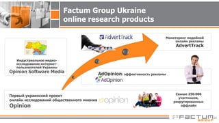 Factum Group Ukraine
online research products
Индустриальное медиа-
исследование интернет-
пользователей Украины
Opinion Software Media AdOpinion: эффективность рекламы
Мониторинг медийной
онлайн рекламы
AdvertTrack
Первый украинский проект
онлайн исследований общественного мнения
Opinion
Свыше 250.000
участников,
рекрутированных
оффлайн
25
 