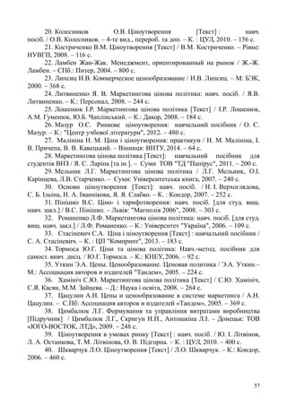 20. Колесников О.В. Ціноутворення [Текст] : навч.
посіб. / О.В. Колесников. – 4-те вид., перероб. та доп. – К. : ЦУЛ, 2010. – 156 с.
21. Костриченко В.М. Ціноутворення [Текст] / В.М. Костриченко. – Рівне:
НУВГП, 2008. – 116 с.
22. Ламбен Жан-Жак. Менеджмент, ориентированный на рынок / Ж.-Ж.
Ламбен. – СПб.: Питер, 2004. – 800 с.
23. Липсиц И.В. Коммерческое ценообразование / И.В. Липсиц. – М: БЭК,
2000. – 368 с.
24. Литвиненко Я. В. Маркетингова цінова політика: навч. посіб. / Я.В.
Литвиненко. – К.: Персонал, 2008. – 244 с.
25. Лошенюк І.Р. Маркетингова цінова політика [Текст] / І.Р. Лошенюк,
А.М. Гуменюк, Ю.Б. Чаплінський. – К.: Дакор, 2008. – 184 с.
26. Мазур О.Є. Ринкове ціноутворення: навчальний посібник / О. Є.
Мазур. – К.: "Центр учбової літератури", 2012. – 480 с.
27. Малініна Н. М. Ціни і ціноутворення: практикум / Н. М. Малініна, І.
В. Причепа, В. В. Кавецький. – Вінниця: ВНТУ, 2014. – 64 с.
28. Маркетингова цінова політика [Текст]: навчальний посібник для
студентів ВНЗ / Я. С. Ларіна [та ін.]. – Суми ТОВ "ТД "Папірус", 2011. – 200 с.
29. Мельник Л.Г. Маркетингова цінова політика / Л.Г. Мельник, О.І.
Карінцева, Л.В. Старченко. – Суми: Університетська книга, 2007. – 240 с.
30. Основи ціноутворення [Текст]: навч. посіб. / Н. І. Верхоглядова,
С. Б. Ільіна, Н. А. Іваннікова, Я. Я. Слабко. – К. : Кондор, 2007. – 252 с.
31. Пінішко В.С. Ціно- і тарифотворення: навч. посіб. [для студ. вищ.
навч. закл.] / В.С. Пінішко. – Львів: "Магнолія 2006", 2008. – 303 с.
32. Романенко Л.Ф. Маркетингова цінова політика: навч. посіб. [для студ.
вищ. навч. закл.] / Л.Ф. Романенко. – К.: Університет "Україна", 2006. – 109 с.
33. Стасіневич С.А. Ціна і ціноутворення [Текст] : навчальний посібник /
С. А. Стасіневич. – К. : ЦП "Компринт", 2013. – 183 с.
34. Тормоса Ю.Г. Ціни та цінова політика: Навч.-метод. посібник для
самост. вивч. дисц. / Ю.Г. Тормоса. – К.: КНЕУ, 2006. – 92 с.
35. Уткин Э.А. Цены. Ценообразование. Ценовая политика / Э.А. Уткин.–
М.: Ассоциация авторов и издателей "Тандем», 2005. – 224 с.
36. Хамініч С.Ю. Маркетингова цінова політика [Текст] / С.Ю. Хамініч,
С.Я. Касян, М.М. Зайцева. – Д.: Наука і освіта, 2008. – 264 c.
37. Цацулин А.Н. Цены и ценообразование в системе маркетинга / А.Н.
Цацулин. – С.Пб: Ассоциация авторов и издателей «Тандем», 2005. – 369 с.
38. Цимбалюк Л.Г. Формування та управління витратами виробництва
[Підручник] / Цимбалюк Л.Г., Скригун Н.П., Антошкіна Л.І. – Донецьк: ТОВ
«ЮГО-ВОСТОК, ЛТД», 2009. – 248 с.
39. Ціноутворення в умовах ринку [Текст] : навч. посіб. / Ю. І. Літвінов,
Л. А. Останкова, Т. М. Літвінова, О. В. Підгорна. – К. : ЦУЛ, 2010. – 400 с.
40. Шкварчук Л.О. Ціноутворення [Текст] / Л.О. Шкварчук. – К.: Кондор,
2006. – 460 с.
57
 