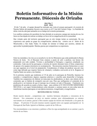 Boletín Informativo de la Misión
 Permanente. Diócesis de Orizaba
                                            Año 2 No. 7
...