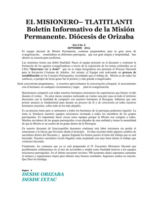 EL MISIONERO– TLATITLANTI
      Boletín Informativo de la Misión
     Permanente. Diócesis de Orizaba
                    ...
