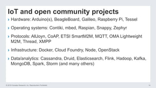 © 2016 Forrester Research, Inc. Reproduction Prohibited 14
IoT and open community projects
›  Hardware: Arduino(s), BeagleBoard, Galileo, Raspberry Pi, Tessel
›  Operating systems: Contiki, mbed, Raspian, Snappy, Zephyr
›  Protocols: AllJoyn, CoAP, ETSI SmartM2M, MQTT, OMA Lightweight
M2M, Thread, XMPP
›  Infrastructure: Docker, Cloud Foundry, Node, OpenStack
›  Data/analytics: Cassandra, Druid, Elasticsearch, Flink, Hadoop, Kafka,
MongoDB, Spark, Storm (and many others)
 