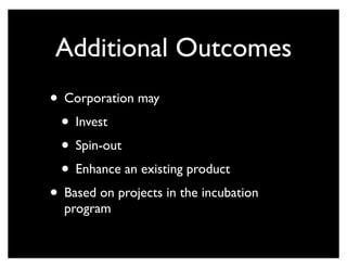 Additional Outcomes
• Corporation may
• Invest
• Spin-out
• Enhance an existing product
• Based on projects in the incubation
program