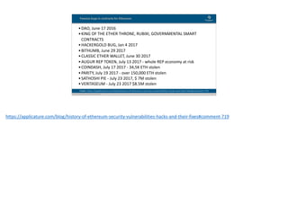 Blockchain Workspace www.blockchainworkspace.com !21
Famous bugs in contracts for Ethereum
From:	https://applicature.com/blog/history-of-ethereum-security-vulnerabilities-hacks-and-their-fixes#comment-719
•DAO,	June	17	2016	
•KING	OF	THE	ETHER	THRONE,	RUBIXI,	GOVERNMENTAL	SMART	
CONTRACTS	
•HACKERGOLD	BUG,	Jan	4	2017	
•BITHUMB,	June	29	2017	
•CLASSIC	ETHER	WALLET,	June	30	2017	
•AUGUR	REP	TOKEN,	July	13	2017	-	whole	REP	economy	at	risk	
•COINDASH,	July	17	2017	-	34,5K	ETH	stolen	
•PARITY,	July	19	2017	-	over	150,000	ETH	stolen	
•SATHOSHI	PIE	-	July	23	2017,	$	7M	stolen	
•VERITASEUM	-	July	23	2017	$8.5M	stolen
https://applicature.com/blog/history-of-ethereum-security-vulnerabilities-hacks-and-their-fixes#comment-719	
 