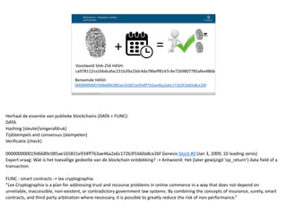 Blockchain Workspace www.blockchainworkspace.com !7
Blockchain - bewijzen zonder
vertrouwen
Voorbeeld	SHA-256	HASH:	
ca978112ca1bbdcafac231b39a23dc4da786eff8147c4e72b9807785afee48bb
Beroemde	HASH:	
000000000019d6689c085ae165831e934ff763ae46a2a6c172b3f1b60a8ce26f
+ =
Herhaal	de	essentie	van	publieke	blockchains	(DATA	+	FUNC):	
DATA	
Hashing	{sleutel/vingerafdruk}	
Tijdstempels	and	consensus	{stempelen}	
Verificatie	{check}	
000000000019d6689c085ae165831e934ff763ae46a2a6c172b3f1b60a8ce26f	Genesis	block	#0	(Jan	3,	2009,	10	leading	zeros)	
Expert	vraag:	Wat	is	het	toevallige	gedeelte	van	de	blockchain	ontdekking?	->	Antwoord:	Het	(later	gewijzigd	‘op_return’)	data	field	of	a	
transaction.	
FUNC	:	smart	contracts	->	lex	cryptographia	
“Lex	Cryptographia	is	a	plan	for	addressing	trust	and	recourse	problems	in	online	commerce	in	a	way	that	does	not	depend	on	
unreliable,	inaccessible,	non-existent,	or	contradictory	government	law	systems.	By	combining	the	concepts	of	insurance,	surety,	smart	
contracts,	and	third	party	arbitration	where	necessary,	it	is	possible	to	greatly	reduce	the	risk	of	non-performance.”
 