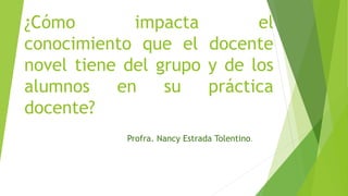 ¿Cómo impacta el
conocimiento que el docente
novel tiene del grupo y de los
alumnos en su práctica
docente?
Profra. Nancy Estrada Tolentino.
 
