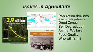 Issues in Agriculture
Population declines
(insects, birds, pollinators)
Dead Zones
Soil Degradation
Animal Welfare
Food Qu...