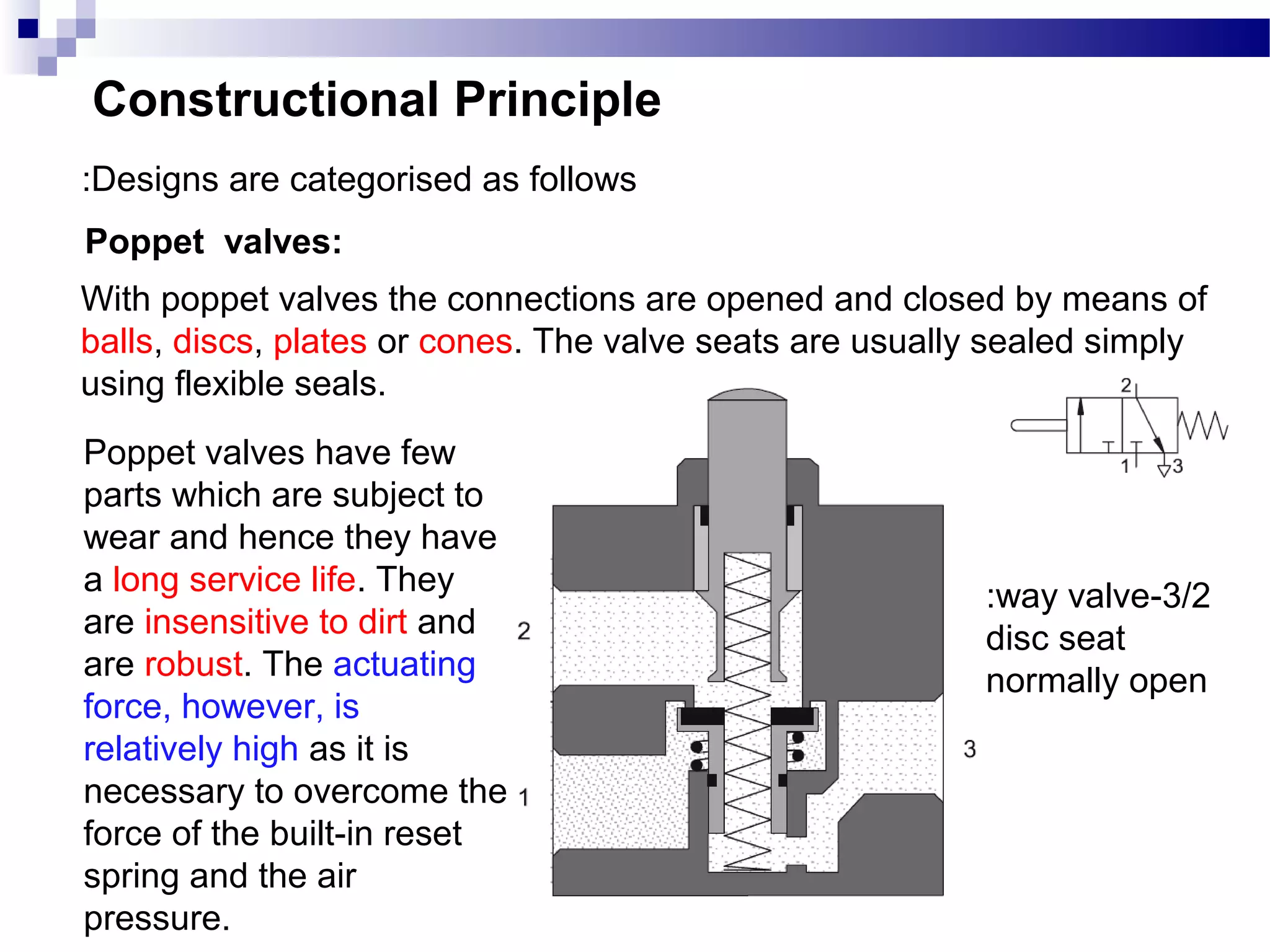 Constructional Principle
:Designs are categorised as follows
Poppet valves:
With poppet valves the connections are opened and closed by means of
balls, discs, plates or cones. The valve seats are usually sealed simply
using flexible seals.
Poppet valves have few
parts which are subject to
wear and hence they have
a long service life. They                                :way valve-3/2
are insensitive to dirt and                              disc seat
are robust. The actuating                                normally open
force, however, is
relatively high as it is
necessary to overcome the
force of the built-in reset
spring and the air
pressure.
 