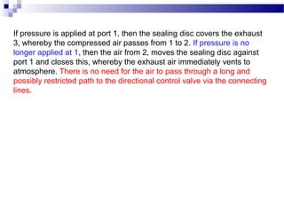 If pressure is applied at port 1, then the sealing disc covers the exhaust
3, whereby the compressed air passes from 1 to 2. If pressure is no
longer applied at 1, then the air from 2, moves the sealing disc against
port 1 and closes this, whereby the exhaust air immediately vents to
atmosphere. There is no need for the air to pass through a long and
possibly restricted path to the directional control valve via the connecting
lines.
 