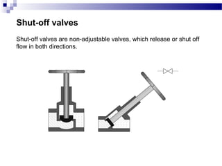 Shut-off valves
Shut-off valves are non-adjustable valves, which release or shut off
flow in both directions.
 