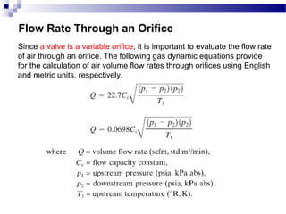 Flow Rate Through an Orifice
Since a valve is a variable orifice, it is important to evaluate the flow rate
of air through an orifice. The following gas dynamic equations provide
for the calculation of air volume flow rates through orifices using English
and metric units, respectively.
 