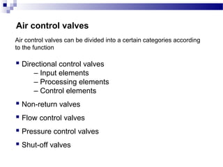 Air control valves
Air control valves can be divided into a certain categories according
to the function

 Directional control valves
      – Input elements
      – Processing elements
      – Control elements
 Non-return valves
 Flow control valves
 Pressure control valves
 Shut-off valves
 