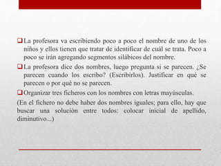 La profesora va escribiendo poco a poco el nombre de uno de los
niños y ellos tienen que tratar de identificar de cuál se trata. Poco a
poco se irán agregando segmentos silábicos del nombre.
La profesora dice dos nombres, luego pregunta si se parecen. ¿Se
parecen cuando los escribo? (Escribirlos). Justificar en qué se
parecen o por qué no se parecen.
Organizar tres ficheros con los nombres con letras mayúsculas.
(En el fichero no debe haber dos nombres iguales; para ello, hay que
buscar una solución entre todos: colocar inicial de apellido,
diminutivo...)
 