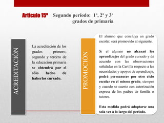 Segundo período: 1º, 2º y 3º
grados de primaria
ACREDITACIÓN
PROMOCIÓN
El alumno que concluya un grado
escolar, será promovido al siguiente.
Si el alumno no alcanzó los
aprendizajes del grado cursado y de
acuerdo con las observaciones
señaladas en la Cartilla respecto a las
necesidades y apoyos de aprendizaje,
podrá permanecer por otro ciclo
escolar en el mismo grado, siempre
y cuando se cuente con autorización
expresa de los padres de familia o
tutores.
Esta medida podrá adoptarse una
sola vez a lo largo del periodo.
La acreditación de los
grados primero,
segundo y tercero de
la educación primaria
se obtendrá por el
sólo hecho de
haberlos cursado.
Artículo 15º
 