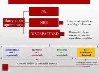 Barreras de
aprendizaje
NE
NEE
DISCAPACIDAD
Diagnostico clínico,
medico, no tiene sus
capacidades completas
Ambientes de aprendizaje,
metodología del maestro
Discapacidades
para el
Aprendizaje
Trastornos
en el
Aprendizaje
Problemas
en el
Aprendizaje
Bajo
Rendimiento
Temporal
Atención a través de Educación Especial
Necesidades de Atención Personal:
Motivación Reconocimiento, Afecto
Autoestima
 