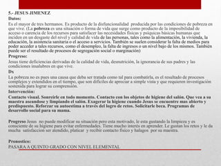 5.- JESUS JIMENEZ
Datos:
Es el mayor de tres hermanos. Es producto de la disfuncionalidad producida por las condiciones de pobreza en
que vive. (La pobreza es una situación o forma de vida que surge como producto de la imposibilidad de
acceso o carencia de los recursos para satisfacer las necesidades físicas y psíquicas básicas humanas que
inciden en un desgaste del nivel y calidad de vida de las personas, tales como la alimentación, la vivienda, la
educación, la asistencia sanitaria o el acceso a servicios. También se suelen considerar la falta de medios para
poder acceder a tales recursos, como el desempleo, la falta de ingresos o un nivel bajo de los mismos. También
puede ser el resultado de procesos de segregación social o marginación)
Progreso:
Jesus tiene deficiencias derivadas de la calidad de vida, desnutrición, la ignorancia de sus padres y las
condiciones insalubres en que vive.
Dx
La pobreza no es pues una causa que deba ser tratada como tal para combatirla, es el resultado de procesos
complejos y extendidos en el tiempo, que son difíciles de apreciar a simple vista y que requieren investigación
sostenida para lograr su comprensión.
Intervención:
Contacto visual. Sonreirle en todo momento. Contacto con los objetos de higiene del salón. Que vea a su
maestra aseandose y limpiando el salón. Exagerar la higiene cuando Jesus se encuentre mas abierto y
predispuesto. Reforzar su autoestima a través del logro de retos. Solicitarle beca. Programas de
desarrollo social para su mama.
Progreso Jesus no puede modificar su situación pero esta motivado, le esta gustando la limpieza y es
consciente de su higiene para evitar enfermedades. Tiene mucho interés en aprender. Le gustan los retos y le da
mucha satisfaccion ser atendido, platicar y recibir contacto físico y halagos por su maestra.
Pronostico:
PASARAA QUINTO GRADO CON NIVEL ELEMENTAL
 