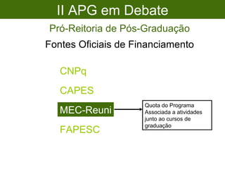 II APG em Debate Pró-Reitoria de Pós-Graduação Fontes Oficiais de Financiamento CNPq CAPES MEC-Reuni FAPESC Quota do Programa Associada a atividades junto ao cursos de graduação 