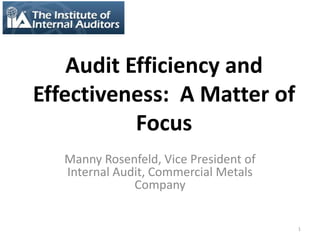 Audit Efficiency and
Effectiveness: A Matter of
           Focus
   Manny Rosenfeld, Vice President of
   Internal Audit, Commercial Metals
               Company


                                        1
 