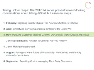 Taking Bolder Steps: The 2017 IIA series present forward-looking
conversations about taking difficult but essential steps
1. February: Digitising Supply Chains: The Fourth Industrial Revolution
2. April: Simplifying Service Operations: Unlocking the Triple Win
3. May: Pursuing Customer Inspired Growth: Our Answer to the Growth Imperative
June Special Event: Amazon is Coming: Are You Ready?
4. June: Making mergers work
5. August: Facing up to the future of Productivity: Productivity and the fully
automated work force
6. September: Resetting Cost: Leveraging Third Party Economics
 