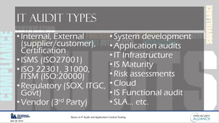 Basics in IT Audit and Application Control Testing
April 28, 2019
IT Audit Types
•Internal, External
(supplier/customer),
Certification
•ISMS (ISO27001)
•ISO 22301, 31000,
ITSM (ISO:20000)
•Regulatory (SOX, ITGC,
Govt)
•Vendor (3rd Party)
•System development
•Application audits
•IT Infrastructure
•IS Maturity
•Risk assessments
•Cloud
•IS Functional audit
•SLA… etc.
 