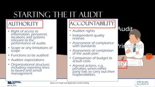 Basics in IT Audit and Application Control Testing
April 28, 2019
Starting the IT audit
•Authority
•Accountability
• Right of access to
information, personnel,
locations and systems
relevant to the
performance of audits
• Scope or any limitations of
scope
• Functions to be audited
• Auditee expectations
• Organizational structure,
including reporting lines
to board and senior
management
AUTHORITY
• Auditee rights
• Independent quality
reviews
• Assessment of compliance
with standards
• Assessment of completion
of the audit plan
• Comparison of budget to
actual costs
• Agreed actions, e.g.,
penalties when either
party fails to carry out their
responsibilities
ACCOUNTABILITY
 