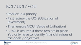 Basics in IT Audit and Application Control Testing
April 28, 2019
ROI / UOI / VOU
•Reduce ROI priority
•First review the UOI (Utilization of
Investment)
•Then ensure VOU (Value of Utilization)
•… ROI is assured if these two are in place.
You only have to identify financial values of
the goals / objectives
 