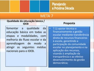 META 7
Qualidade da educação básica /
IDEB
fomentar a qualidade da
educação básica em todas as
etapas e modalidades, com
melhoria do fluxo escolar e da
aprendizagem de modo a
atingir as seguintes médias
nacionais para o IDEB.
Proposta
• 7.1) apoiar técnica e
financeiramente a gestão
escolar mediante transferência
direta de recursos financeiros
à escola, garantindo a
participação da comunidade
escolar no planejamento e na
aplicação dos recursos,
visando à ampliação da
transparência e ao efetivo
desenvolvimento da gestão
democrática;
 