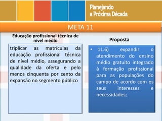 META 11
Educação profissional técnica de
nível médio
triplicar as matrículas da
educação profissional técnica
de nível médio, assegurando a
qualidade da oferta e pelo
menos cinquenta por cento da
expansão no segmento público
Proposta
• 11.6) expandir o
atendimento do ensino
médio gratuito integrado
à formação profissional
para as populações do
campo de acordo com os
seus interesses e
necessidades;
 